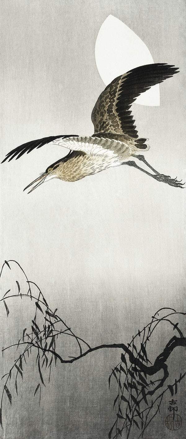 Heron and moon (1900 - 1910) by Ohara Koson