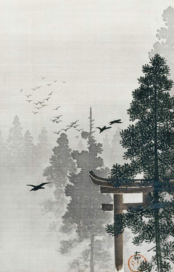 Flock of birds and a torii gate in a pine tree forest (1877-1945) by Ohara Koson