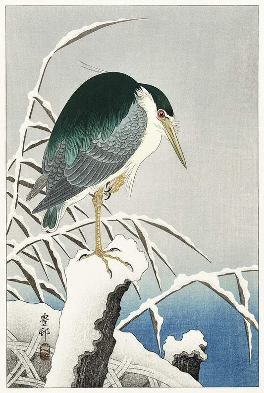 Heron in snow (1920 - 1930) by Ohara Koson