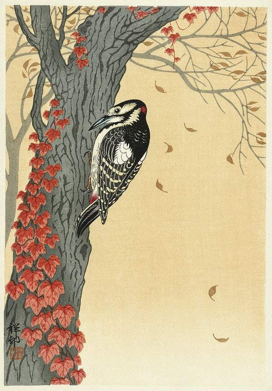 Great spotted woodpecker in tree with red ivy (1925 - 1936) by Ohara Koson