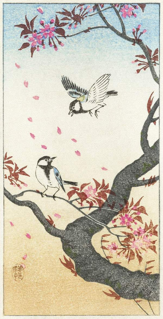 Two great tits at blossoming tree (1925 - 1936) by Ohara Koson