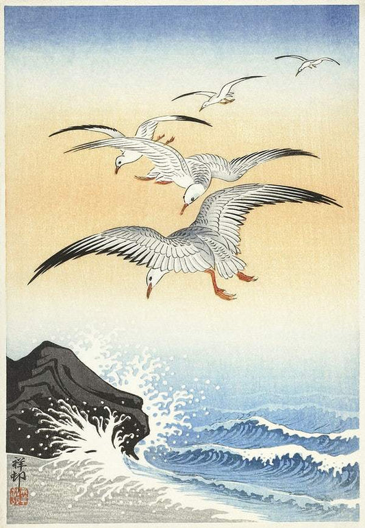 Five seagulls above turbulent sea (1900 - 1930) by Ohara Kosonson