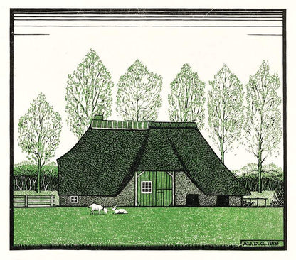 A print of a traditional farmhouse with a thatched roof, surrounded by greenery and a clear sky.