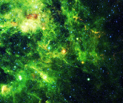 A vibrant print of a green nebula with stars, representing a cosmic photograph typically associated with deep space exploration.