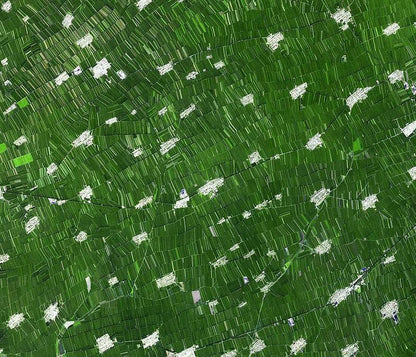 A satellite image of a lush green landscape, possibly agricultural fields, viewed from above.