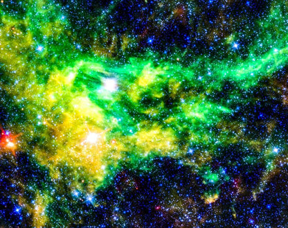 A vibrant print of a green and yellow nebula with stars, offered by NASA as a digital product.