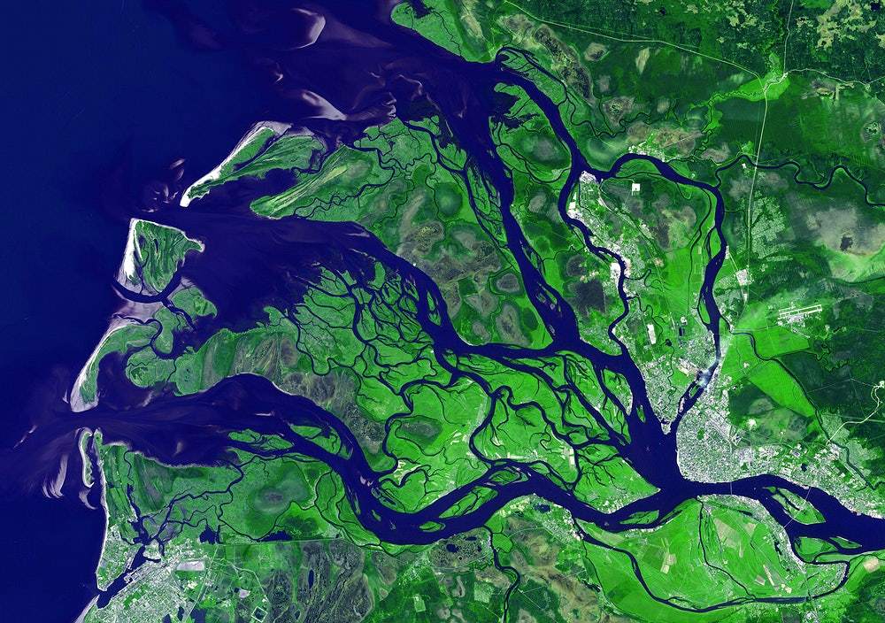 A satellite image of a river delta, predominantly green with blue and brown accents, representing a landscape from space.