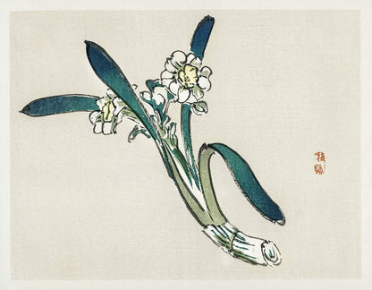A traditional Japanese woodblock print of a bunchflower daffodil by Kōo Bairei, featuring a pale yellow flower with green leaves on a plain background.