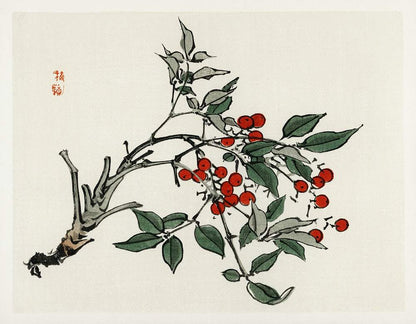 A framed art print of a branch with red berries and green leaves against a white background.