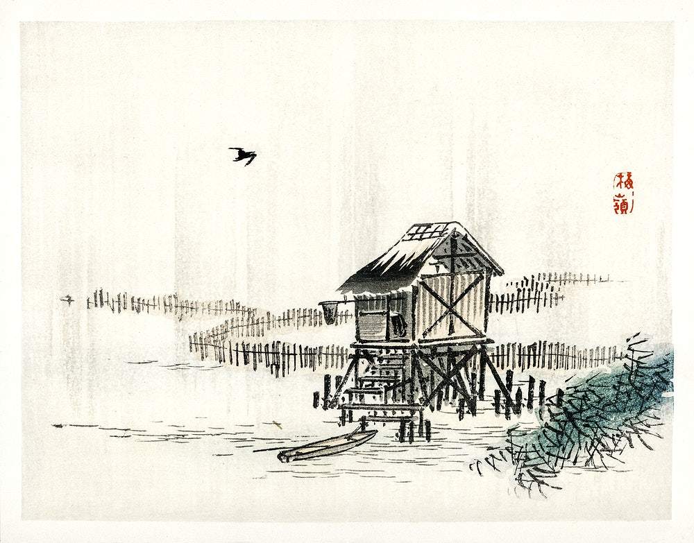 Cottage in the river by Kōno Bairei (1913)