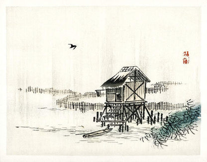 A traditional Japanese ink and wash painting depicting a cottage by the riverbank with a bird in flight.