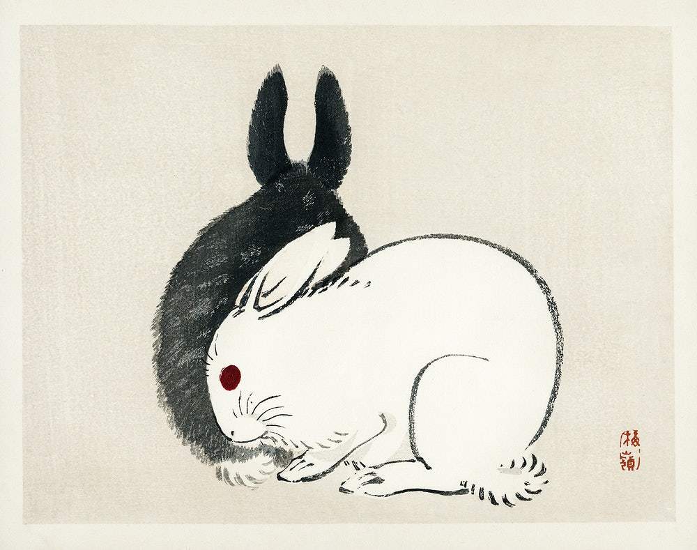 Black and white rabbits by Kōno Bairei (1913)