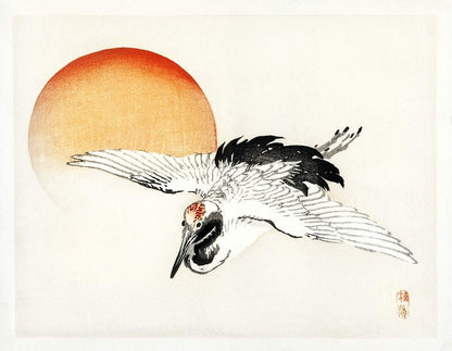 A traditional Japanese woodblock print featuring a bird, possibly a heron, in flight with a red sun in the background. The art style is oriental and the colors are primarily black, white, and shades of orange.