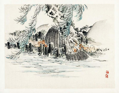 A traditional Japanese woodblock print featuring a landscape with fishing baskets.