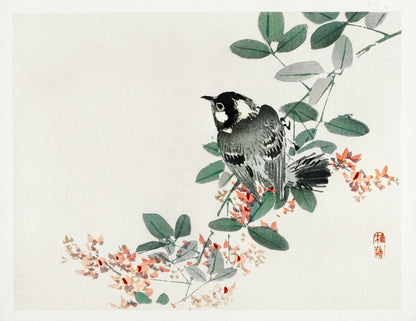 A fine art print of a black-capped chickadee perched on a branch with leaves and flowers, using a traditional oriental style.
