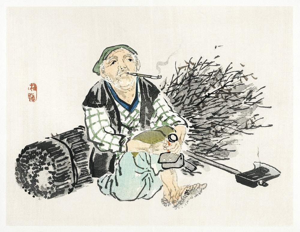 A Smoking farmer with branches by Kōno Bairei (1913)