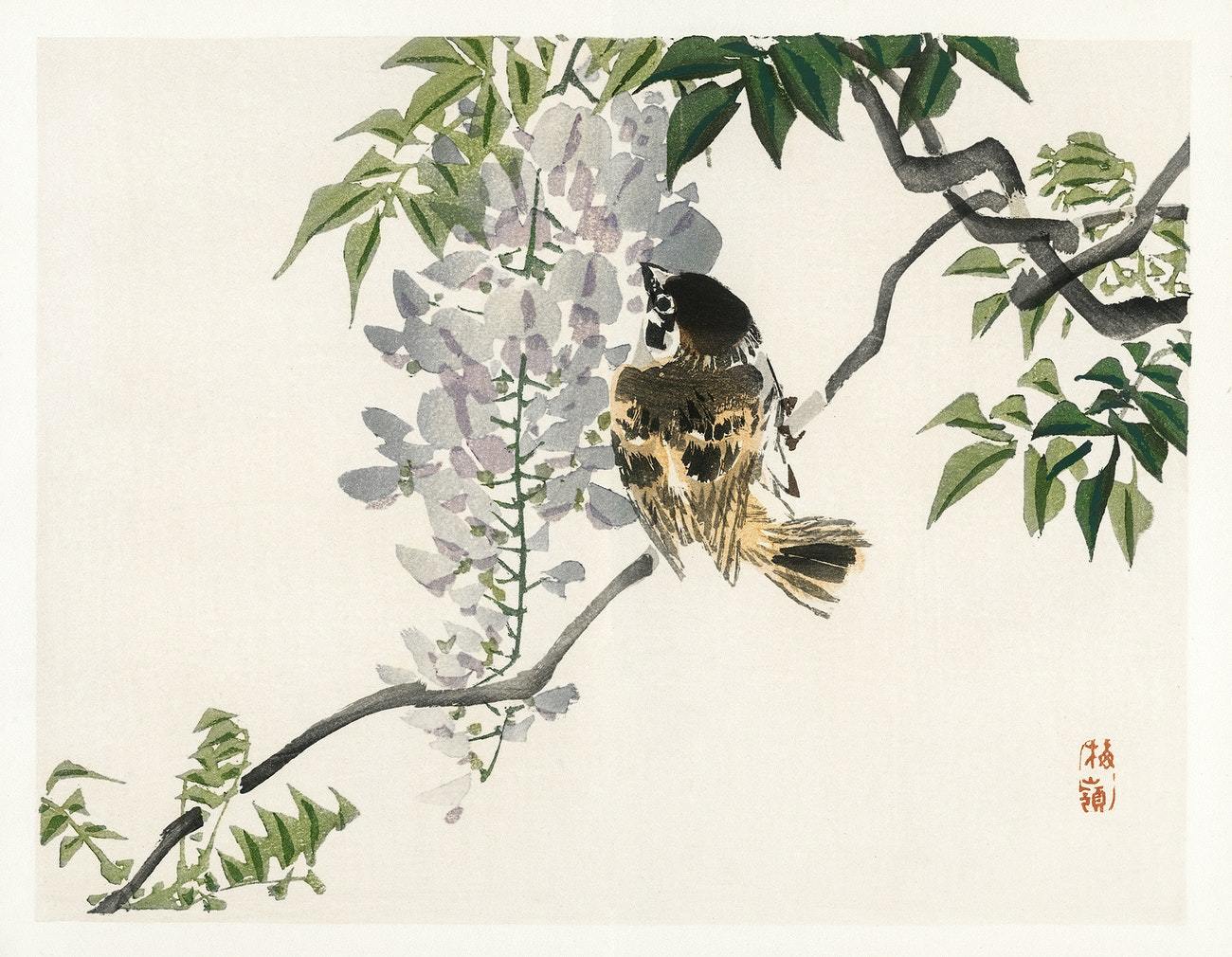 Sparrow on a branch by Kōno Bairei (1913)