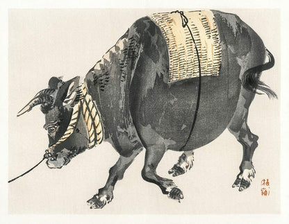 A traditional Japanese woodblock print of a black bull, by Kōno Bairei, featuring gray tones and a rope around the bull's neck.