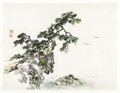 A framed art print featuring a landscape with a prominent tree against a water and rock backdrop, in a style reminiscent of oriental or traditional Japanese art.