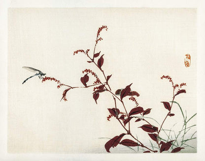 A framed print of a dragonfly with plant foliage, using a red/wine color palette, likely a reproduction of a traditional oriental artwork.