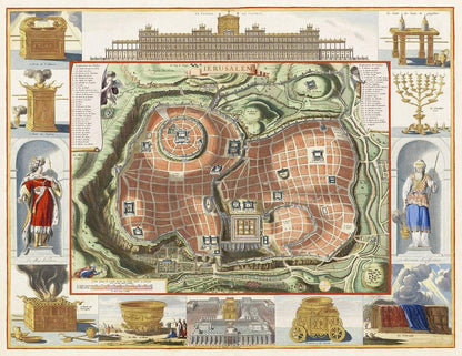 A colorful map print depicting a historical view of Jerusalem, featuring intricate details and decorative borders.