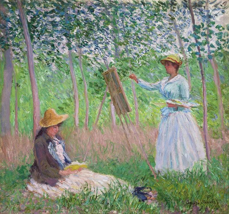 In the Woods at Giverny, Blanche Hoschedé at Her Easel with Suzanne Hoschedé Reading (1887) by Claude Monet