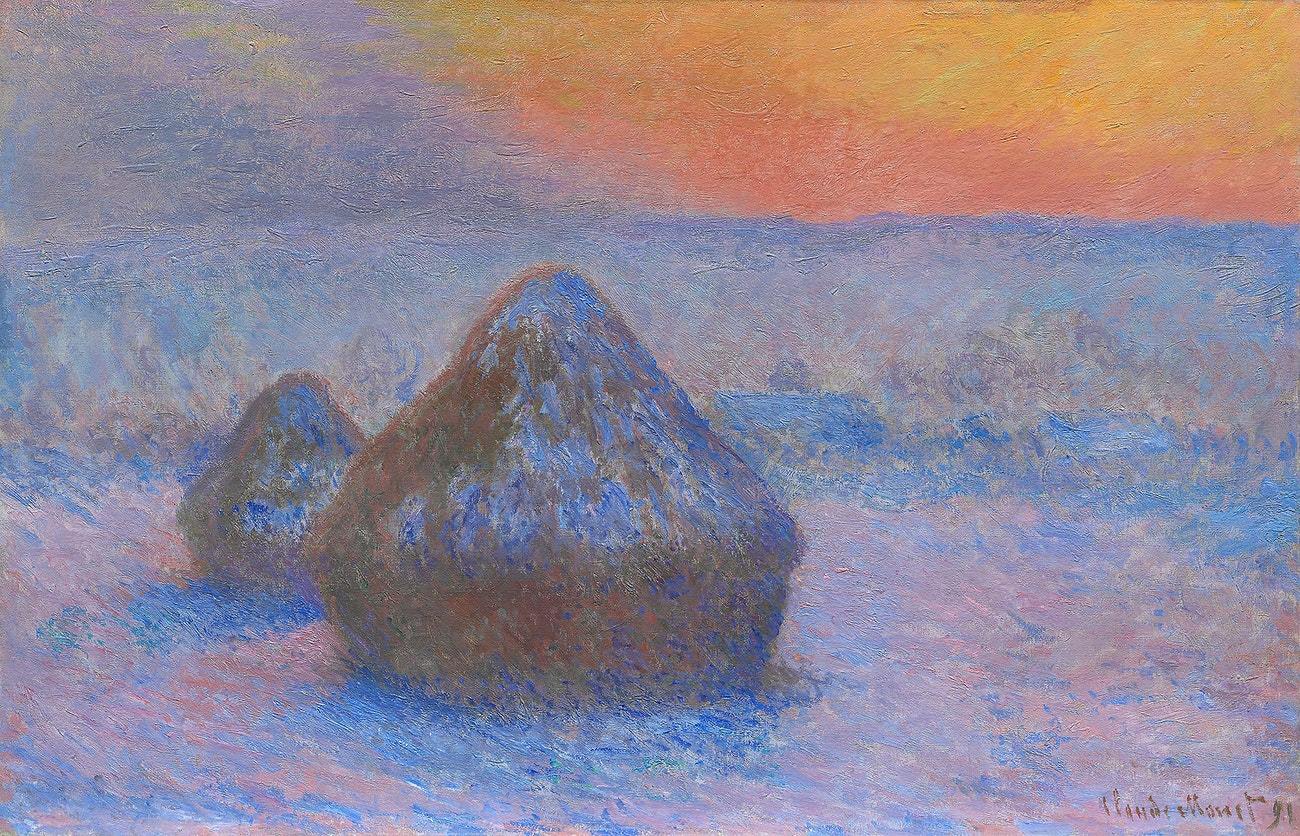 Stacks of Wheat, Sunset, Snow Effect (1890–1891) by Claude Monet