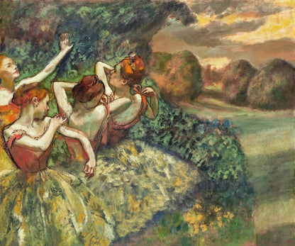 A painting featuring four dancers in motion, with Impressionistic brushwork and a soft blend of muted colors.
