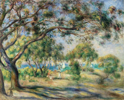A printed art piece featuring a landscape with trees and a figure, using vibrant green and other natural colors.