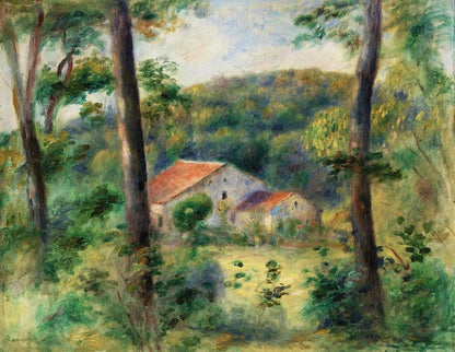 A printed art piece featuring a landscape with trees and a house, in bright green, yellow, and other natural colors, mounted on a wood or canvas base.