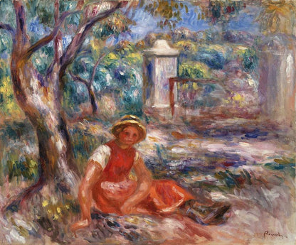 A printed art piece featuring a woman seated under a tree, dressed in red with a straw hat, with a colorful background suggesting a garden or outdoor setting.