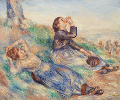 A artwork depicting two individuals in a landscape, recognizable as a painting by Pierre-Auguste Renoir titled 'Grape Gatherers'.