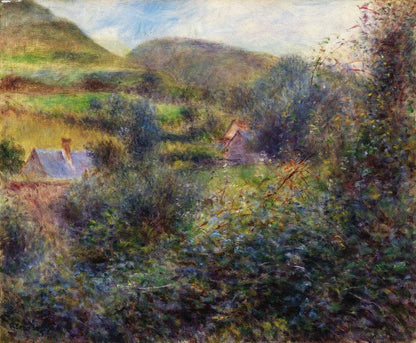 A printed art piece featuring a landscape with trees and a house, rendered in Impressionist style with vibrant colors.