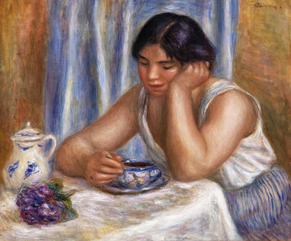 A printed artwork depicting a woman seated at a table, holding a cup, with a vase and a bowl placed on the table, against a background with vertical blue and white stripes.