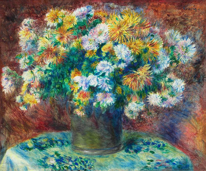 A printed artwork featuring a vibrant floral arrangement, with a mix of blue, green, yellow, and pink hues, in a landscape orientation.