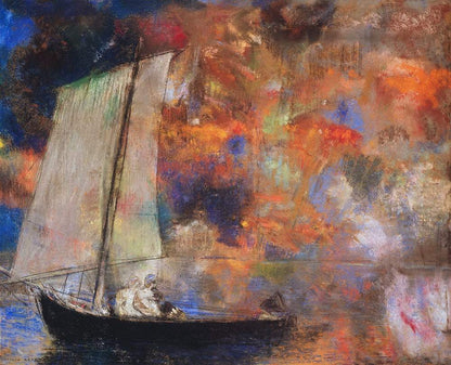 A painting featuring an abstract representation of a seascape with a boat, utilizing a blend of vibrant and muted colors.