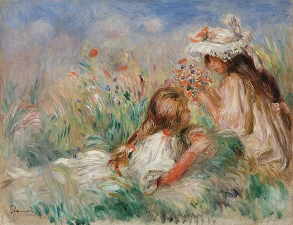 A painting featuring two young girls in a grassy field, with one girl arranging a bouquet of flowers.