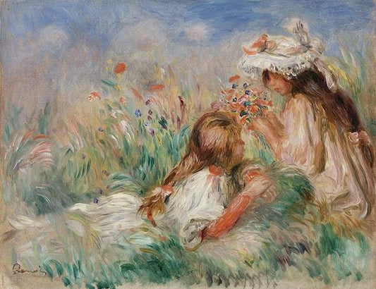 Girls in the Grass Arranging a Bouquet (1890) by Pierre-Auguste Renoir