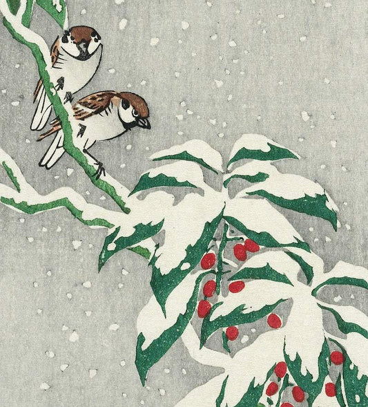 Sparrows on snowy berry bush (ca. 1900–1945) by Ohara Koson