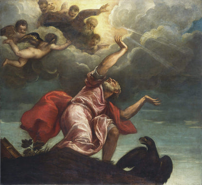 A printed artwork featuring a religious scene with a central figure reaching towards celestial beings amidst clouds.