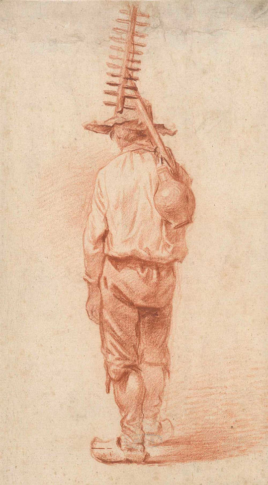 Staande boer met hark met kruik over de schouder, by Barend Cornelis Koekkoek