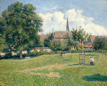 A printed art piece featuring a landscape with a church, trees, and a clear sky, representing the artwork 'Church by Camille Pissarro 1886'.