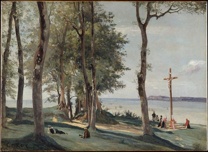 A artwork depicting a landscape scene with trees, a cross, and figures by a lakeside