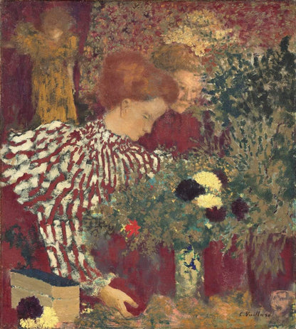 A artwork depicting a woman in a striped dress surrounded by floral elements, rendered in an Impressionist style with vibrant colors.